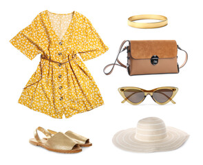 Stylish look. Collage with dress, shoes and accessories for woman on white background