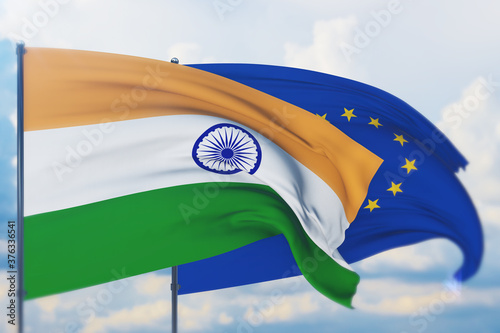 Wallpaper Mural Waving European Union flag and flag of India. Closeup view, 3D illustration. Torontodigital.ca