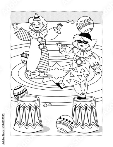 Coloring page with two little circus clowns performing with balls on big top arena

