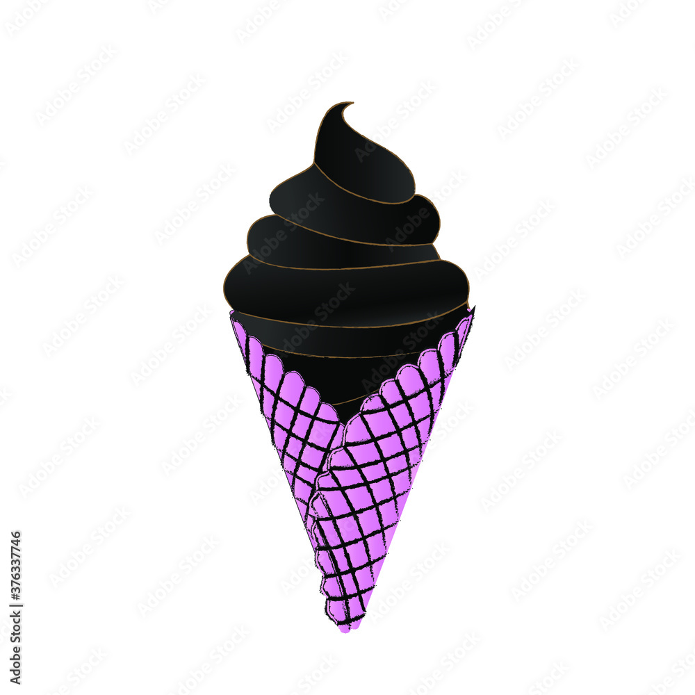 Charcoal black and grey layers ice cream in pink and black trim waffle cone in white background Charcoal black and grey layers ice cream in pink and black trim waffle cone in white background