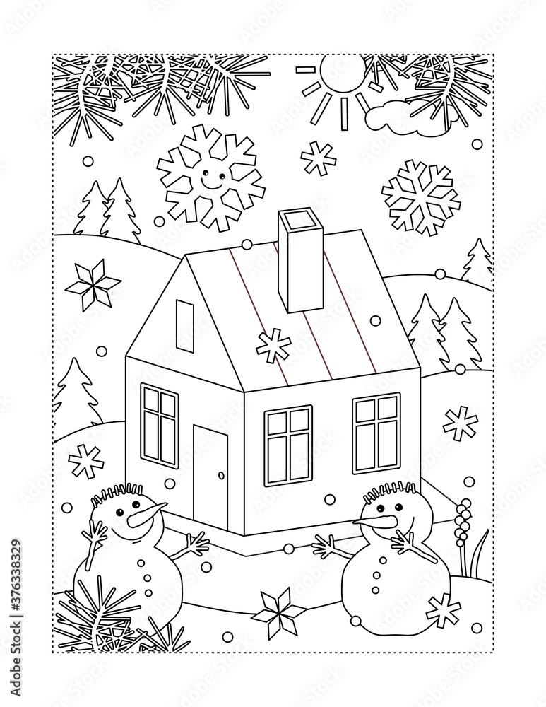 Fototapeta premium Coloring page with small house, or cabin, in winter scene and two snowmen 
