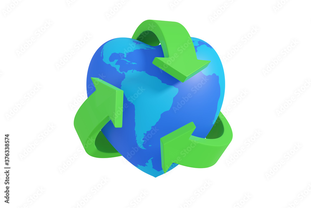 Green recycling symbol surrounding a heart shaped planet earth isolated on white background. 3d illustration. Green recycling symbol surrounding a heart shaped planet earth isolated on white background. 3d illustration.