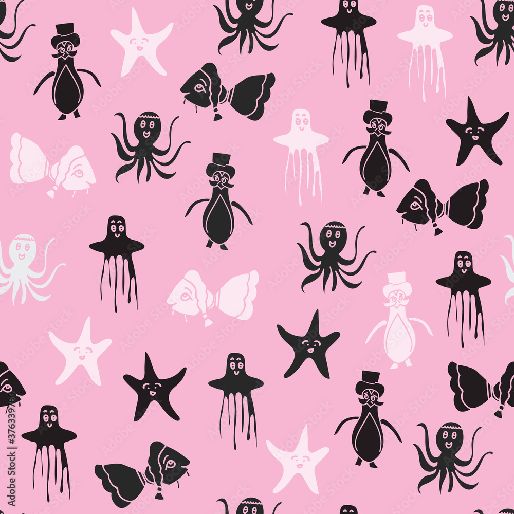 Vector pink aquatic seamless pattern background Vector pink aquatic seamless pattern background
