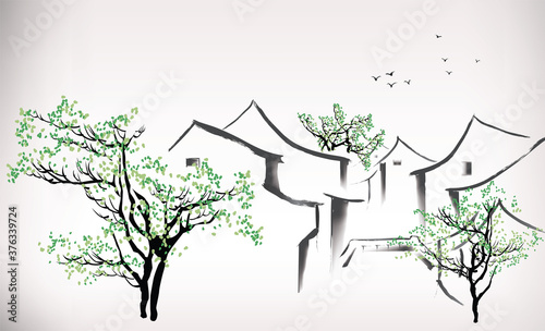 Chinese traditional painting of a south village