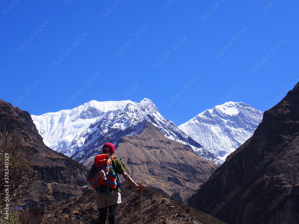A climber gaze at the majestic views of the Himalayas in the wonderful weather, ABC (Annapurna Base Camp) Trek, Annapurna, Nepal