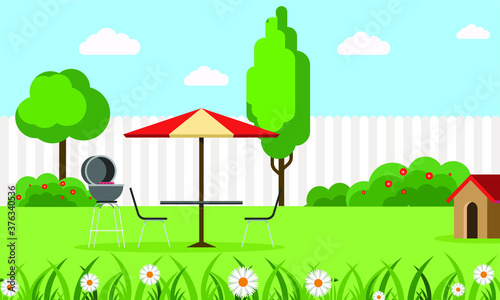 backyard flat illustration with a barbeque set table 