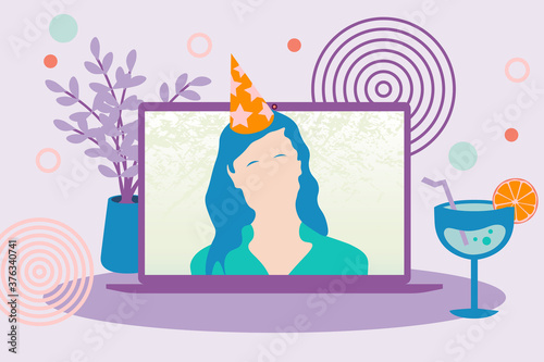 Video call woman in festive hat celebrating online. Birthday party girl on computer screen. Online party with laptop and drink. Vector illustration.