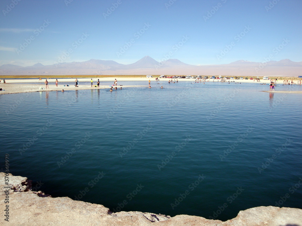 lake in south american atacama desert altiplano with mountains