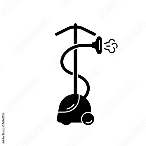 Silhouette Clothes steamer with jet. Electric fabric steam iron. Outline illustration of professional vertical device for dress, laundry equipment. Flat isolated vector pictogram, white background