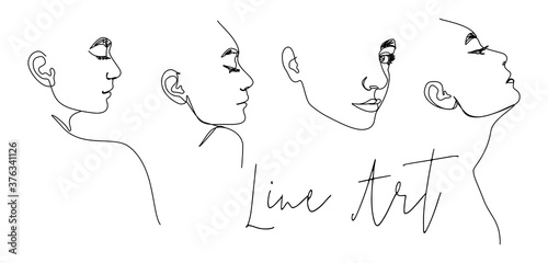 Set of One Line Woman's Face. Continuous line Female Portrait in Profile of a girl In a Modern Minimalist Style. Vector Illustration For wall art, printing on t-shirts, logos