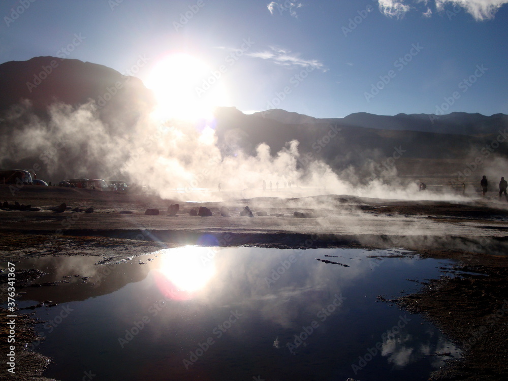 Thermal Geysers in the Atacama Desert, Chile, at sunrise