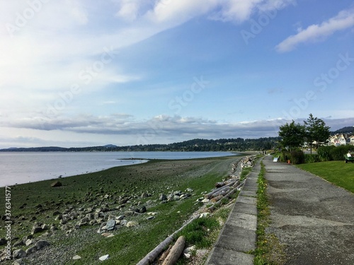 a walking path overlooking the ocean in the beautiful town of Sidney  British Columbia  Canada.