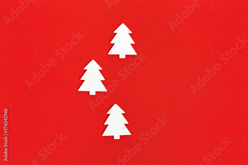 White wooden Christmas tree. New years and Christmas minimal greeting card with copy space.