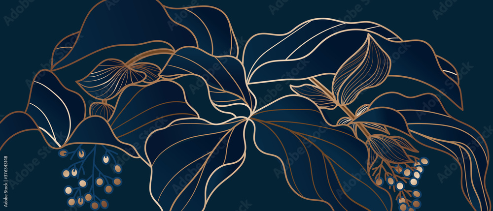 Floral seamless navy blue and copper metallic plant background vector for house deco - obrazy, fototapety, plakaty 