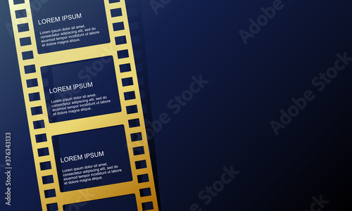 Vector illustration of gold color film roll. Perfect to use for the background of a new movie video promotion premiere. Film roll frame blank template.