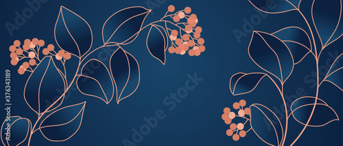 Floral seamless navy blue and copper metallic plant background vector for house deco