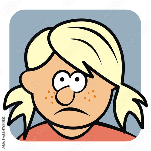 Sat girl, face, vector cartoon