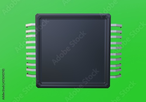 3d closeup black electronic  chip with many leg isolate on green background 3D rendering