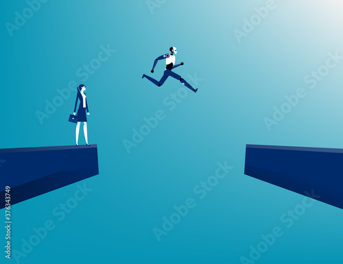 Robot jumping into future. Technology advance and innovation automation.  Artificial intelligence