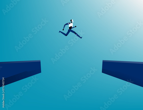 Robot jumping into future. Technology advance and innovation automation.  Artificial intelligence