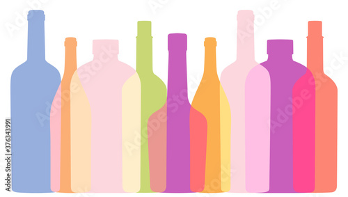 Background with outlines contours of bottles. Poster for Wine festival with Silhouettes. Background for menu covers. Cocktail Party banner. Vintage color. Vector overlapping shapes