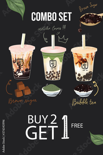 Promotion milk tea bubble brown sugar  matcha green tea vector
