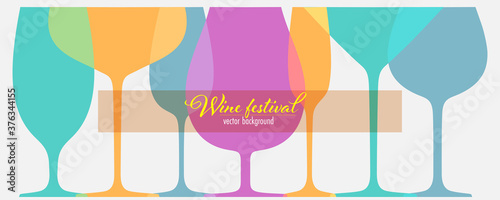 Set of different wine glasses for festival. Outline colored wine glasses. Banner with contour of glasses. Silhouettes in overprint style. Vector template