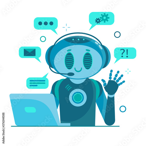 Smiling chat bot character robot helping solve a problems. For website or mobile application. Flat cartoon illustration isolated on white background.