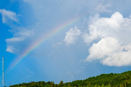 真夏の青空と虹 積乱雲 8月 背景素材 コピースペース
