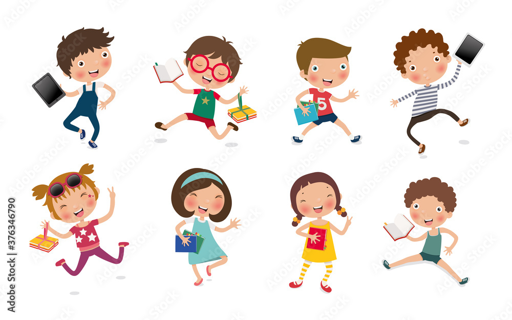 education concept, set of children Reading Books or tablets, Vector, Illustration education concept, set of children Reading Books or tablets, Vector, Illustration