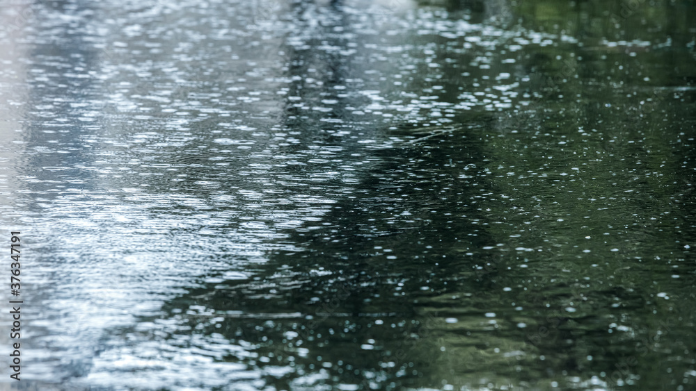 Fototapeta premium wet asphalt with raindrops in a puddle and sky reflections