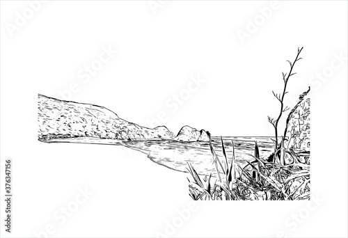 Building view with landmark of Auckland, based around 2 large harbours, is a major city in the north of New Zealand’s North Island. Hand drawn sketch illustration in vector.