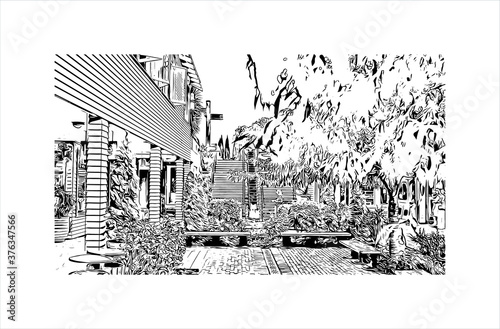 Building view with landmark of Auckland, based around 2 large harbours, is a major city in the north of New Zealand’s North Island. Hand drawn sketch illustration in vector.