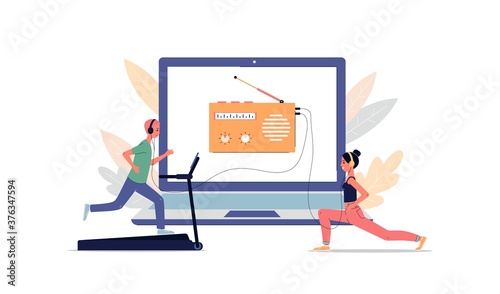 People listening to online radio broadcast during sport flat vector illustration.