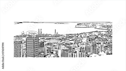 Building view with landmark of Auckland, based around 2 large harbours, is a major city in the north of New Zealand’s North Island. Hand drawn sketch illustration in vector.