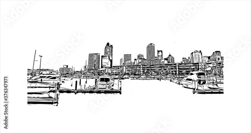 Building view with landmark of Auckland, based around 2 large harbours, is a major city in the north of New Zealand’s North Island. Hand drawn sketch illustration in vector.