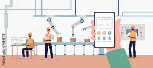 Warehouse workers controlling automated robotic line, flat vector illustration.