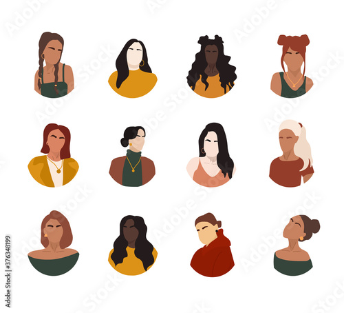 Set different abstract women portraits of big diverse business team. Bundle of joyful colleagues. Collection of female cartoon characters. Various nationality. Set of avatars at round frame.
