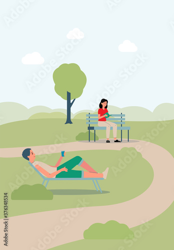 City park with people spending weekend outdoors flat vector illustration.