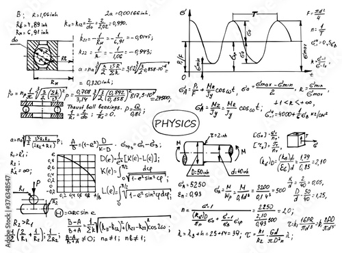Physical notation with the equations, figures, schemes, plots and other calculations on whiteboard. Retro handwritten vector illustration. Scientific and educational background.