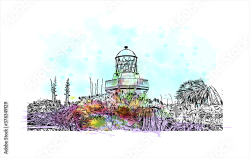 Building view with landmark of Auckland, based around 2 large harbours, is a major city in the north of New Zealand’s North Island. Watercolor splash with hand drawn sketch illustration in vector.