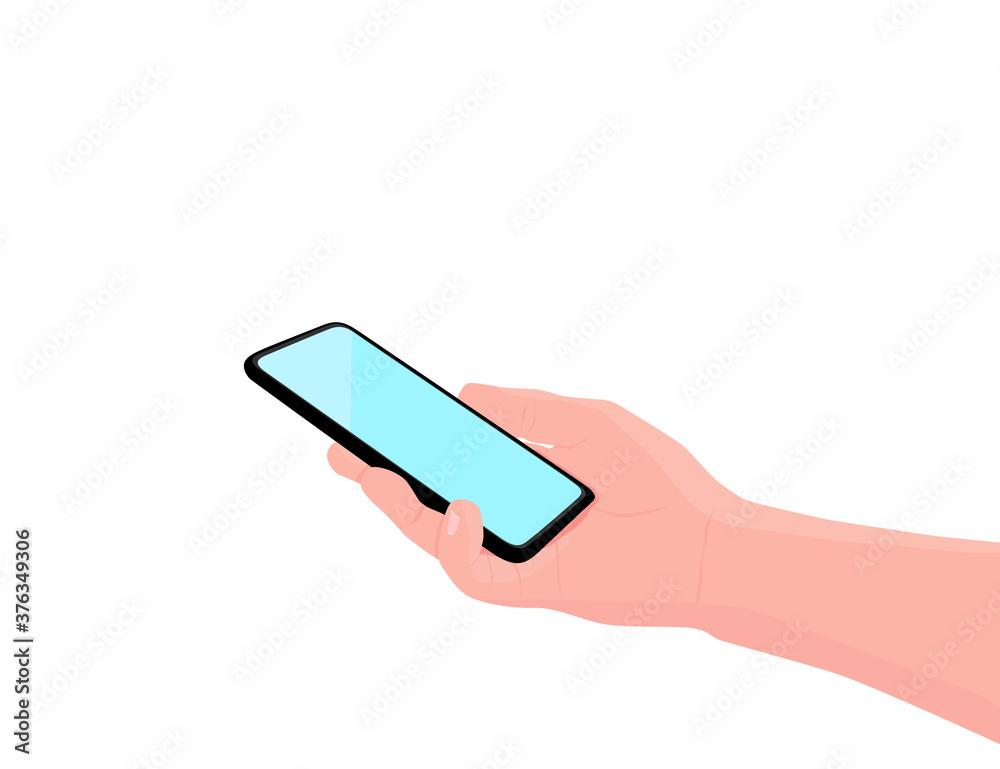 Mobile phone in the hand. Man holds black smartphone. Finger touching screen. Copy space for your text. Illustration, white background Mobile phone in the hand. Man holds black smartphone. Finger touching screen. Copy space for your text. Illustration, white background