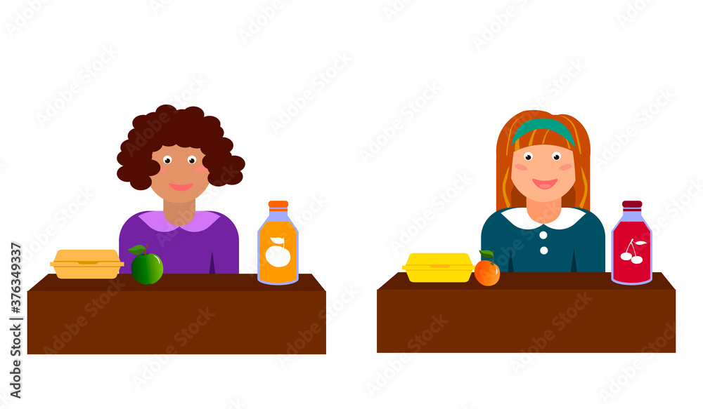 School food in the lunchbox. Two girls are eating. Vector illustration isolated on white background. School food in the lunchbox. Two girls are eating. Vector illustration isolated on white background.