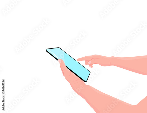 Tablet in the hands. Man holds black tab. Finger touching screen. Web searching on the tablet screen. Copy space for your text. Vector illustration, white background
