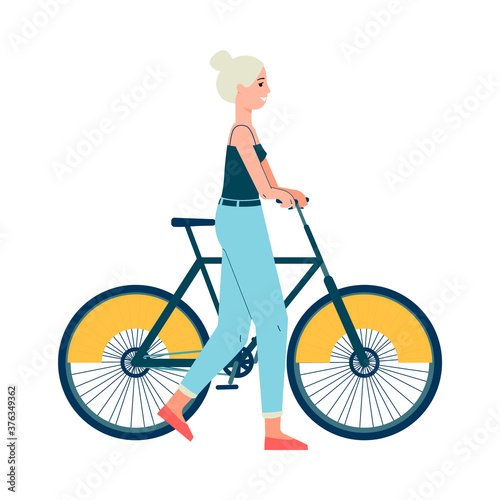 Woman or girl cartoon character with bicycle flat vector illustration isolated.