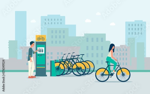 Vector flat illustration of a public city Bicycle rental service.