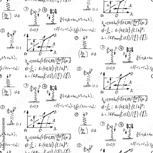 Physics seamless pattern with the equations, figures, schemes, formulas and other calculations on whiteboard. Retro scientific and education handwritten vector Illustration.