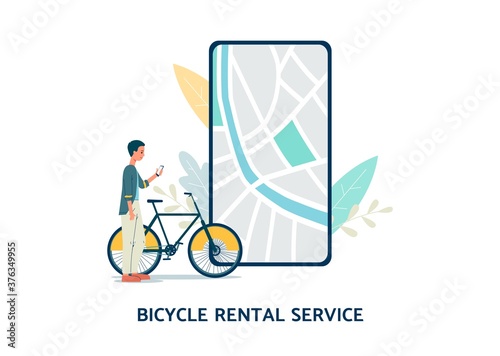 Bicycle rental service with phone screen flat vector illustration isolated.