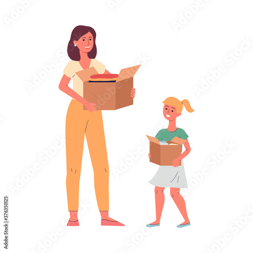 Mother and daughter holding boxes for donation flat vector illustration isolated.