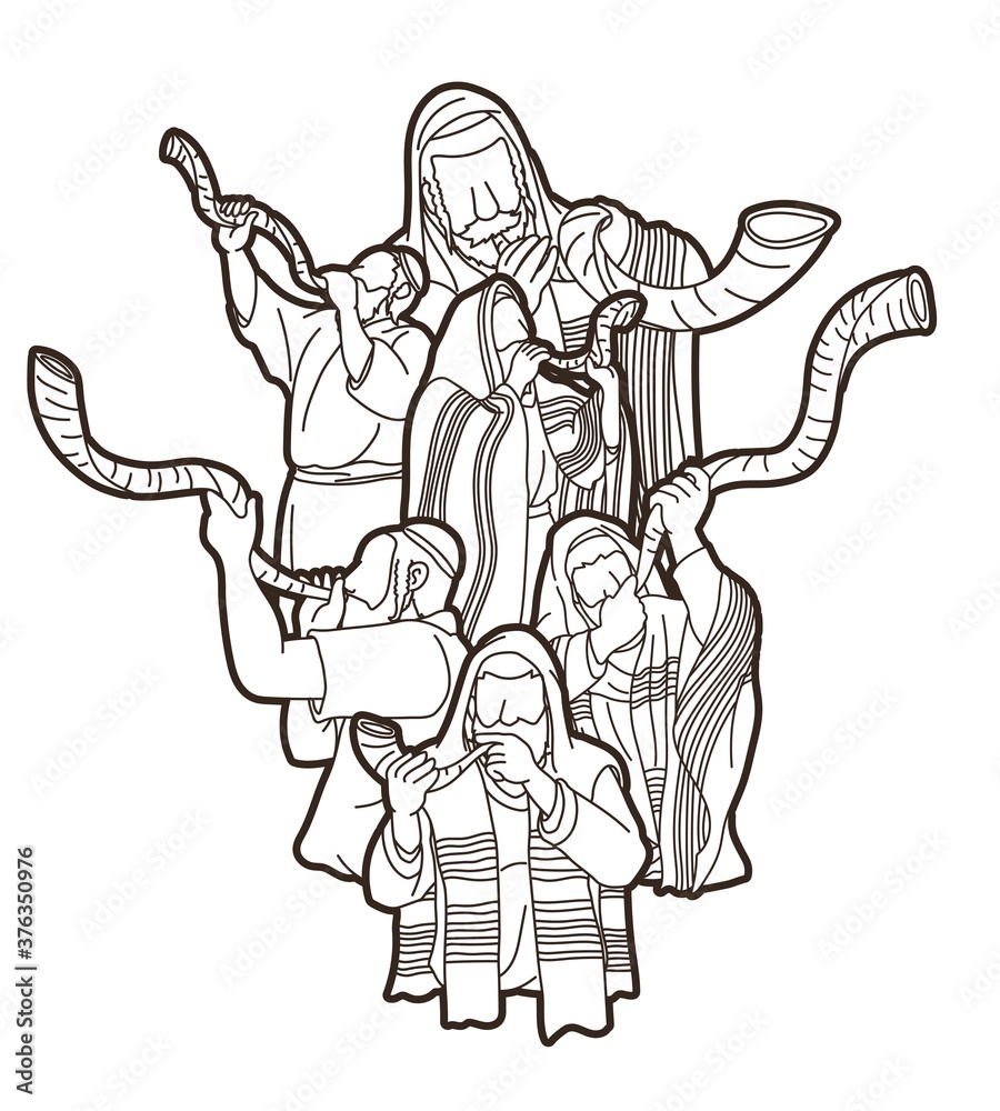 Feast of trumpets.Group of Jewish people blowing the shofar horn cartoon graphic vector Feast of trumpets.Group of Jewish people blowing the shofar horn cartoon graphic vector